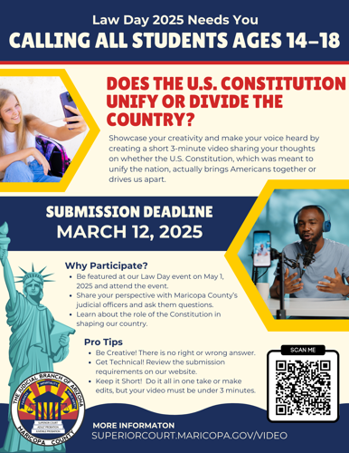 Calling all students ages 14-18 to submit videos on whether the U.S. Constitution brings Americans together or drives us apart.